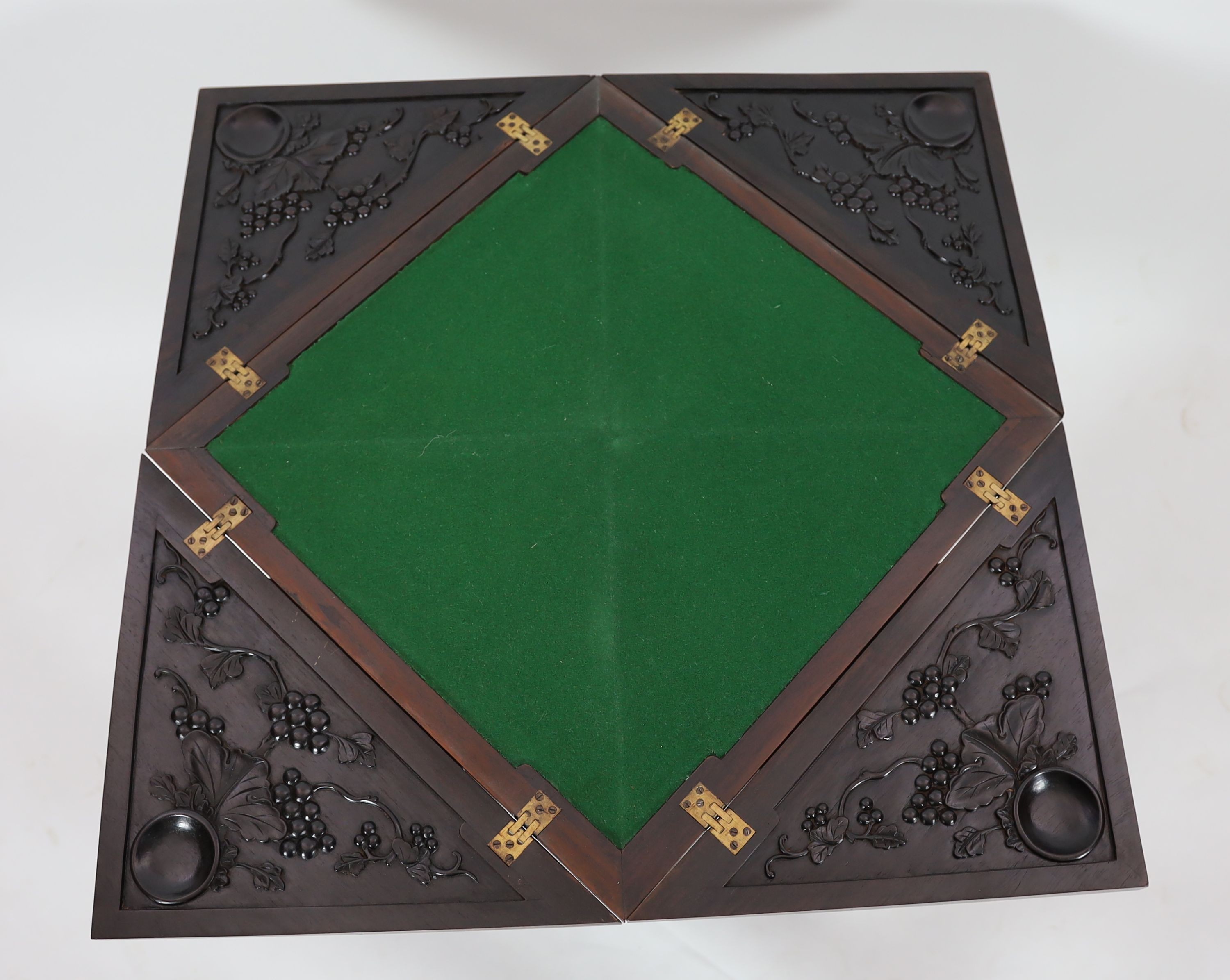 A Chinese hongmu ‘dragon’ envelope card table, c.1910, 55 cm Square, 78 cm high, some splits
